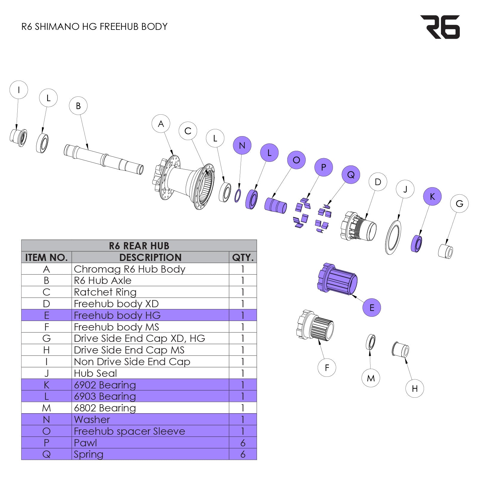 R6 Rear Hub Parts